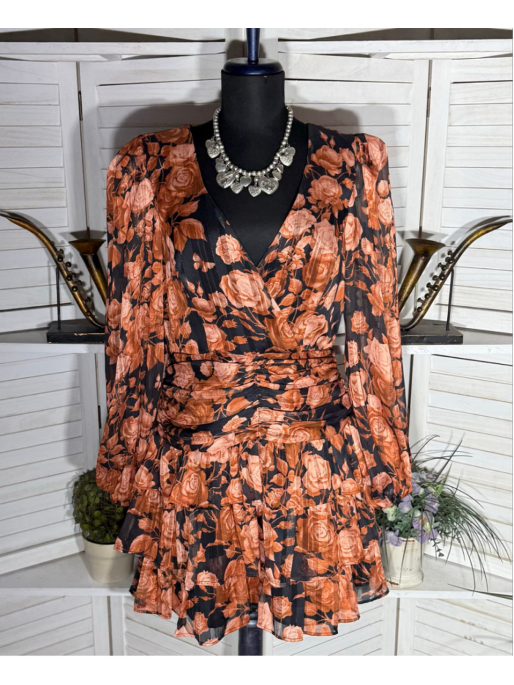 Vintage Y2K brown floral dress chiffon tiered ballooned sleeves whimsi fairy L